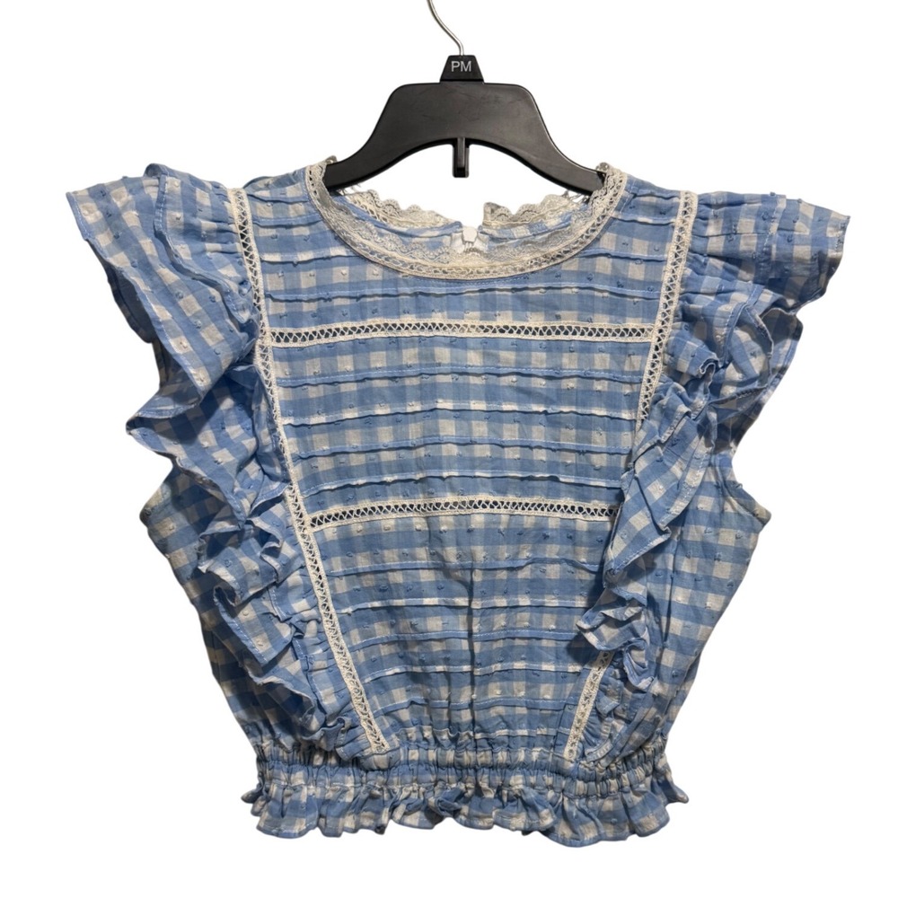 Fillyboo Sunday Gingham Crop Top Womens Small Blue White Lace Ruffle Cottagecore